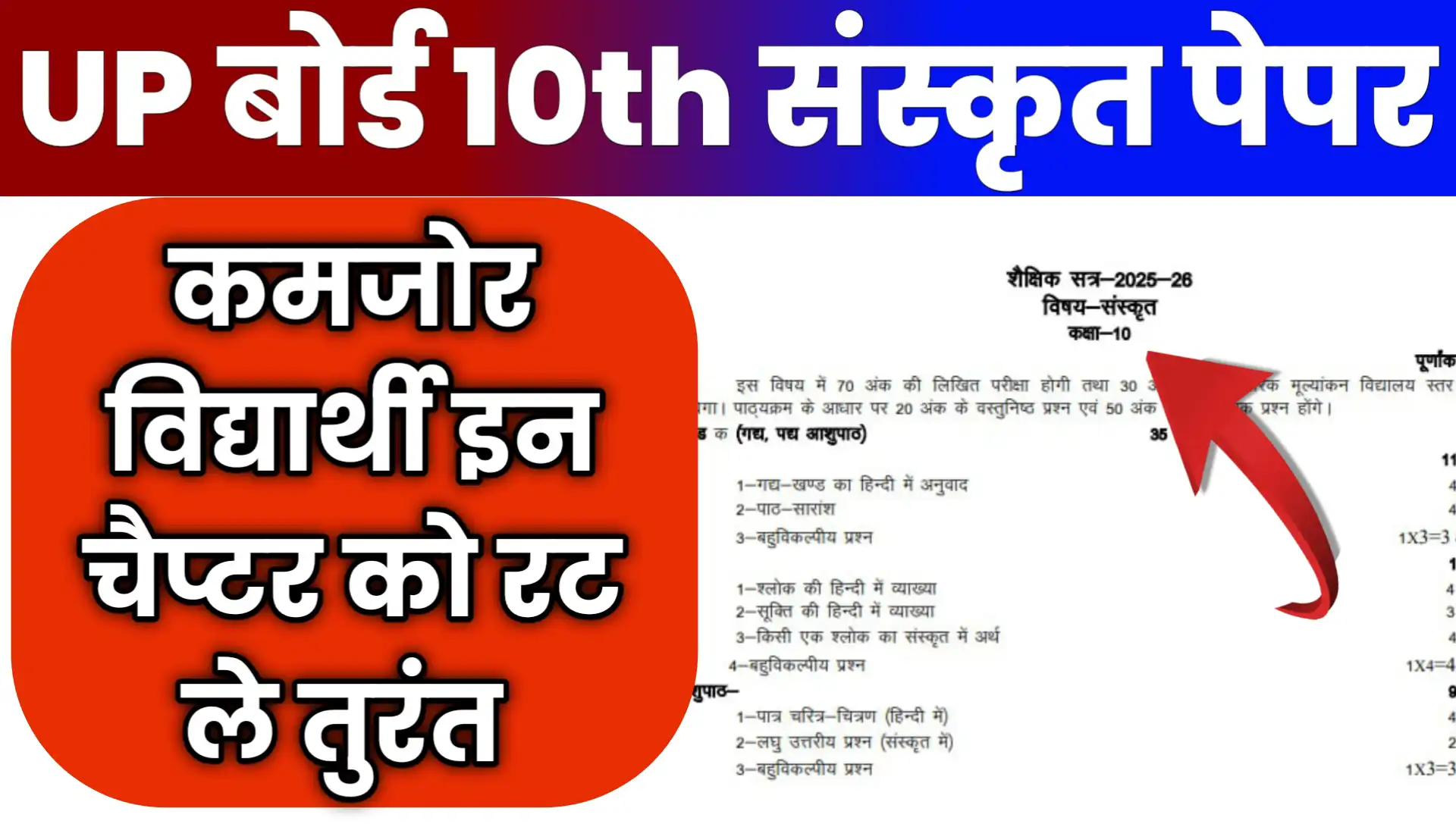 UP Board 10th Sanskrit Paper 2026 Imp Pyq Chapter Question